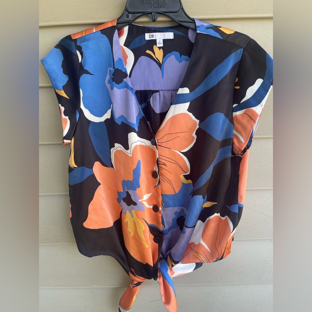 DR2 Bold Floral Tie-Front Blouse in Black, Blue & Orange